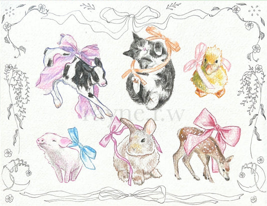 Animals and Bows Original Drawing