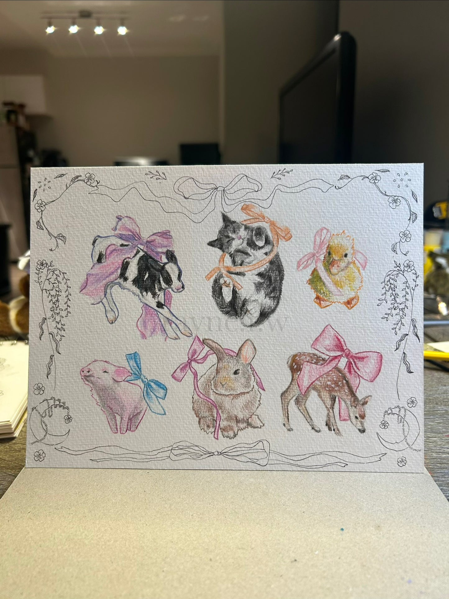 Animals and Bows Original Drawing