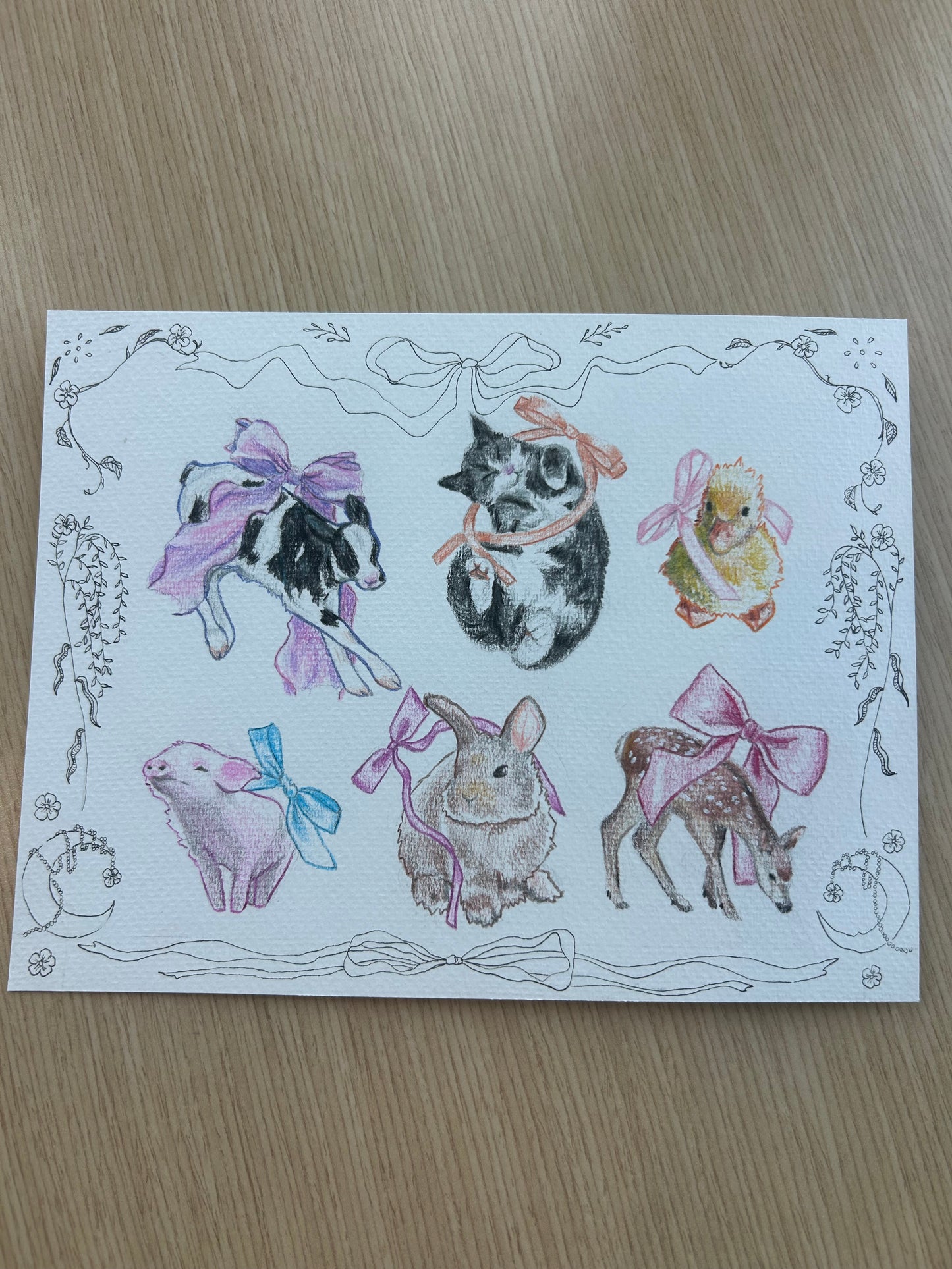 Animals and Bows Original Drawing